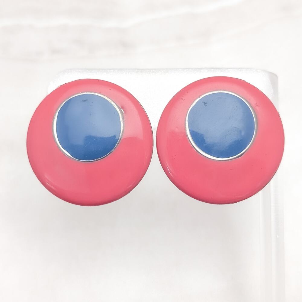 Vintage Clip On Earrings Large 1.25" Muted Pink & Blue Contrasting Statement